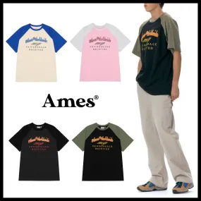 AMES-WORLDWIDE  |Crew Neck Unisex Street Style Short Sleeves Logo