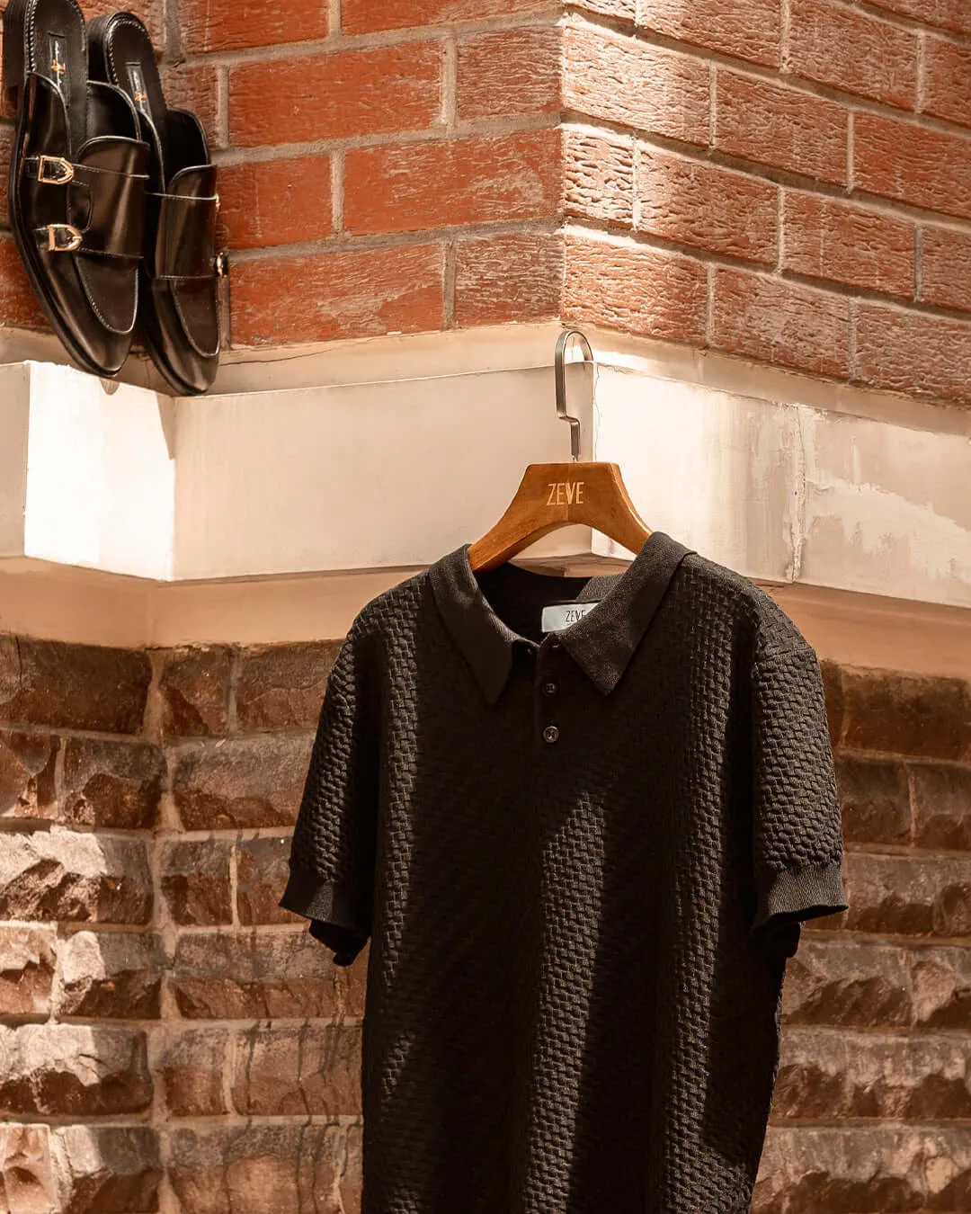 Basketweave Knit Polo Tee - Black