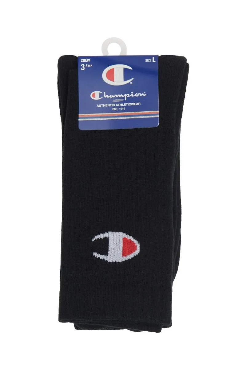 CHAMPION UNISEX LOGO SPORT CREW 3PK BLACK SOCKS