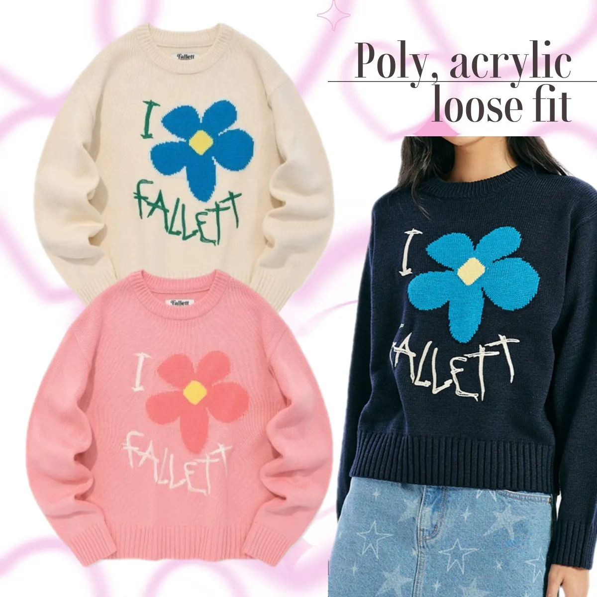 Fallett  |Crew Neck Flower Patterns Street Style Long Sleeves