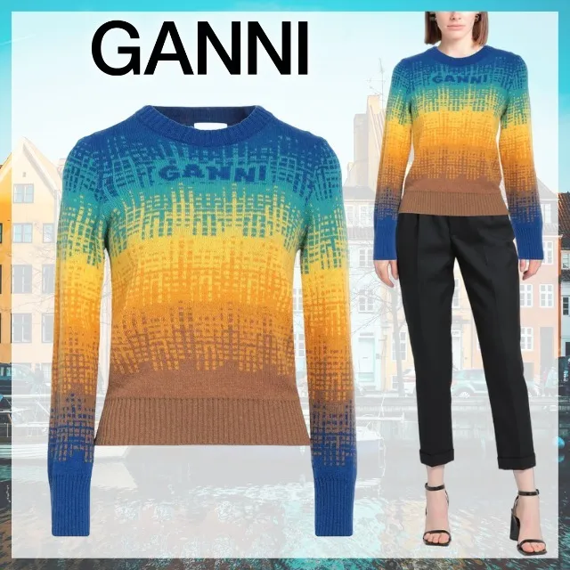 Ganni  |Crew Neck Casual Style Wool Street Style Long Sleeves Logo