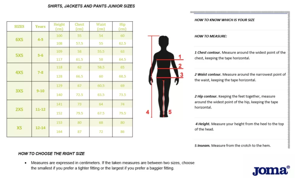 Joma Size Guide (Youth)