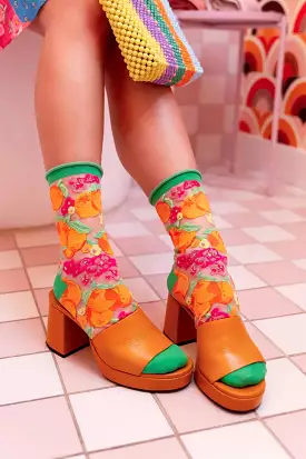 ORANGE FLORAL SHEER CREW SOCKS