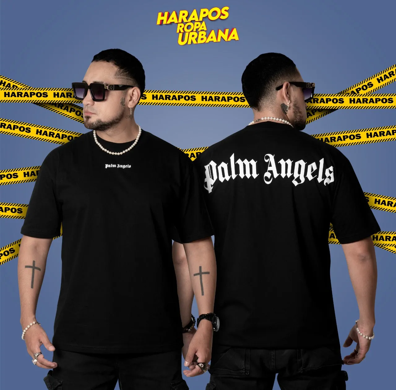 Polera oversize palm angels negra letras blancas