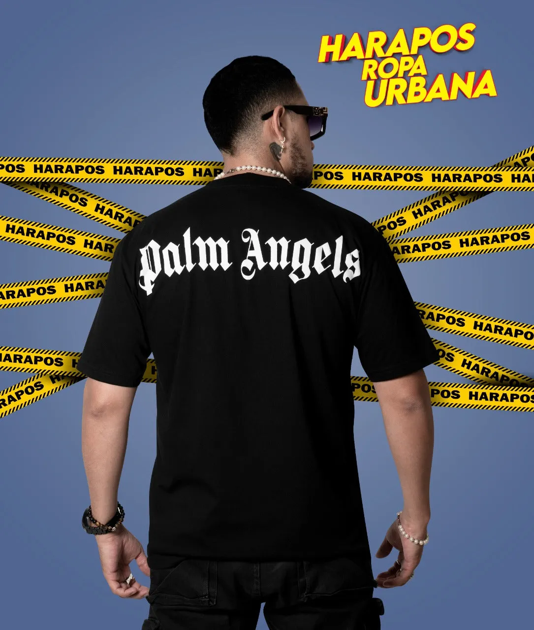 Polera oversize palm angels negra letras blancas